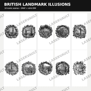 May include: A digital collection titled BRITISH LANDMARK ILLUSIONS featuring 10 iconic scenes in grey and strict black and white. Each image depicts a famous British landmark framed within a jagged, stone-like circular border, creating a 3D effect.