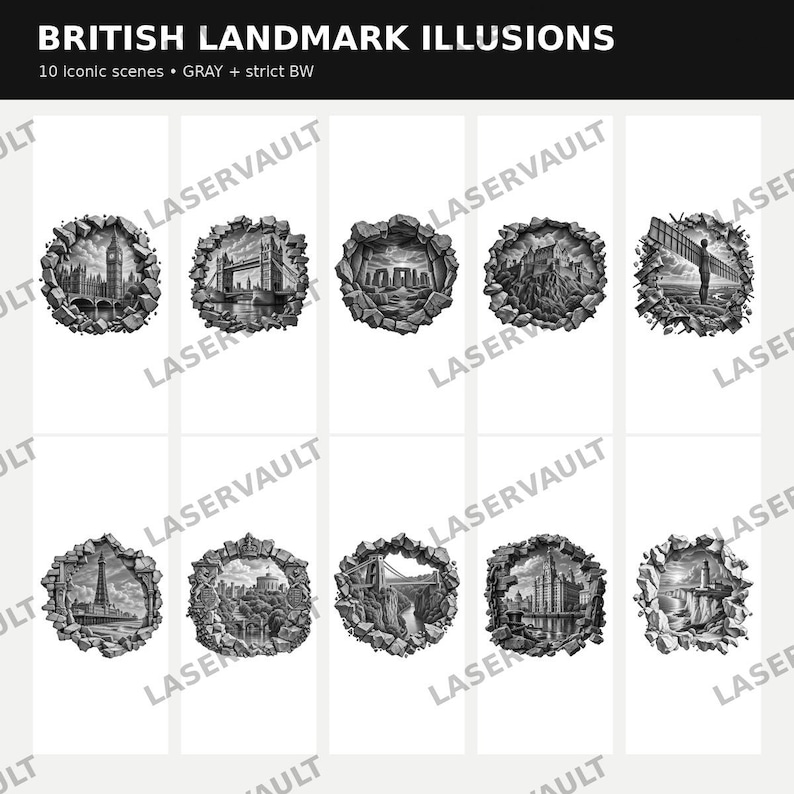 May include: A digital collection titled BRITISH LANDMARK ILLUSIONS featuring 10 iconic scenes in grey and strict black and white. Each image depicts a famous British landmark framed within a jagged, stone-like circular border, creating a 3D effect.