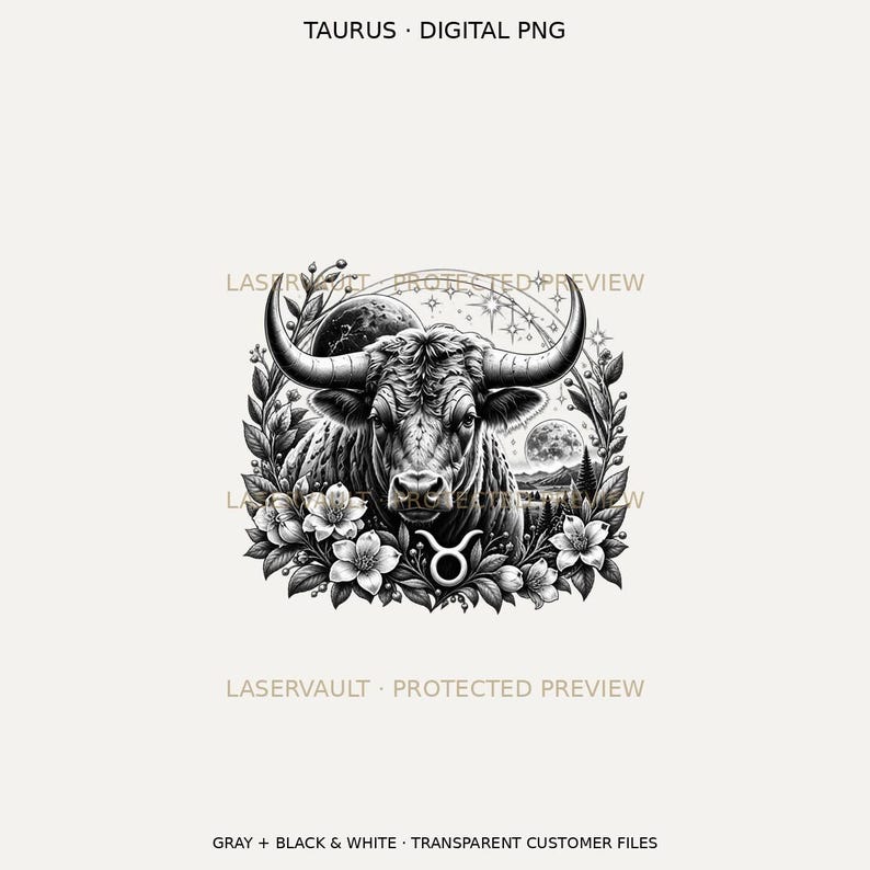 Puede incluir: Un gr&aacute;fico digital PNG en blanco y negro con una ilustraci&oacute;n detallada de un toro rodeado de flores, hojas, estrellas y una luna. El texto TAURUS DIGITAL PNG aparece en la parte superior, con marcas de agua LASERVAULT PROTECTED PREVIEW.