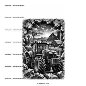 Pu&ograve; includere: Un'illustrazione grafica in bianco e nero di un moderno trattore agricolo in un campo con un fienile, un silo e mulini a vento sullo sfondo. La scena &egrave; incorniciata da un bordo frastagliato simile alla pietra. Il testo LASERVAULT PROTECTED PREVIEW appare.