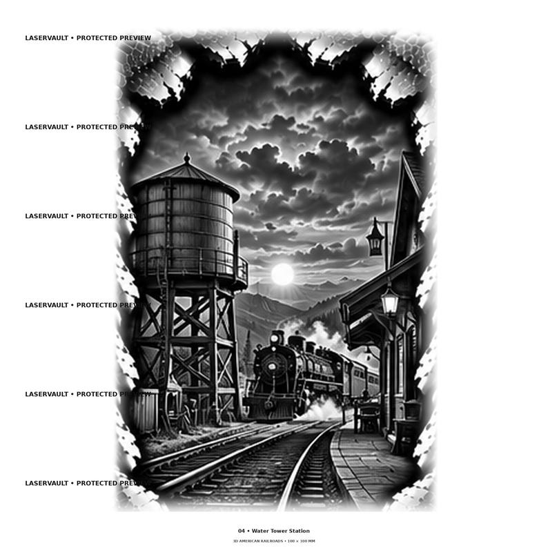 Op de afbeelding: Een zwart-wit digitale illustratie getiteld 04 Water Tower Station, met een stoomlocomotief op rails naast een watertoren en stationsgebouw onder een bewolkte lucht met een felle zon. De afbeelding heeft een decoratieve rand en tekst.