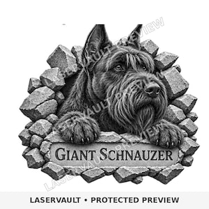 Puede incluir: Una ilustraci&oacute;n gr&aacute;fica en blanco y negro de un Schnauzer gigante asom&aacute;ndose a trav&eacute;s de un agujero en un muro de piedra. El perro tiene un pelaje peludo y orejas puntiagudas. Debajo, una placa de piedra muestra el texto GIANT SCHNAUZER.