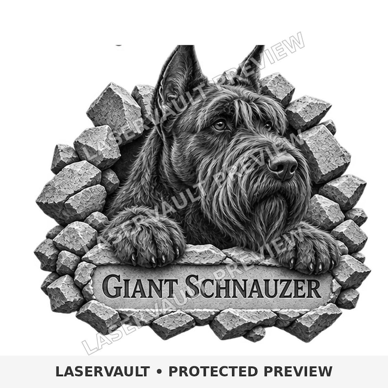 Puede incluir: Una ilustraci&oacute;n gr&aacute;fica en blanco y negro de un Schnauzer gigante asom&aacute;ndose a trav&eacute;s de un agujero en un muro de piedra. El perro tiene un pelaje peludo y orejas puntiagudas. Debajo, una placa de piedra muestra el texto GIANT SCHNAUZER.