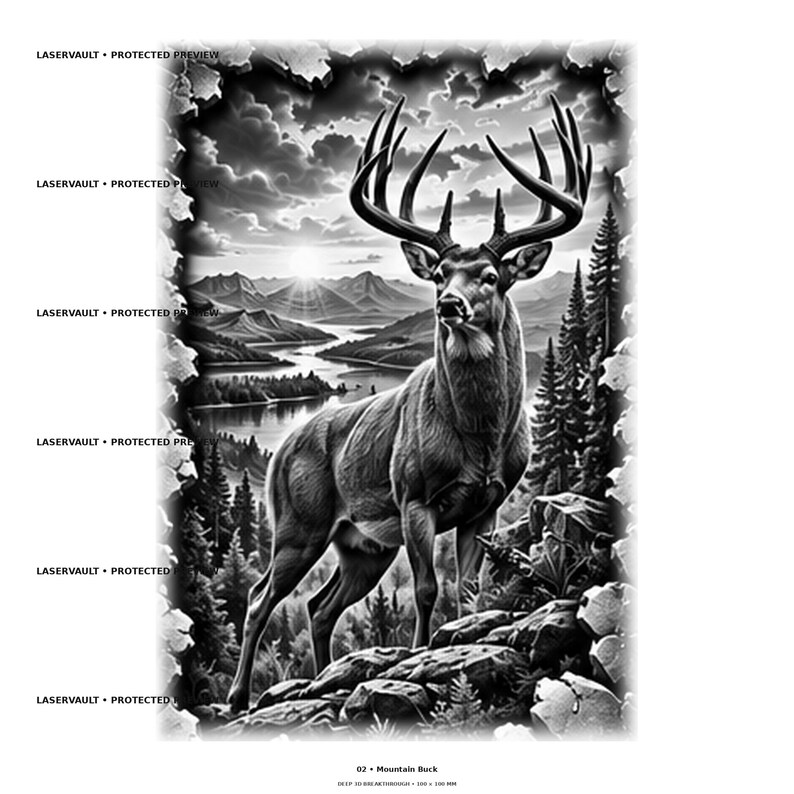 以下が含まれることがあります： 02 Mountain Buckと題された白黒のグラフィックプリント。岩場に立つ大きな角のある雄鹿が描かれています。背景には湖、森、太陽のある山岳風景が広がっています。左側にはLASERVAULT PROTECTED PREVIEWというテキストが繰り返し表示されています。