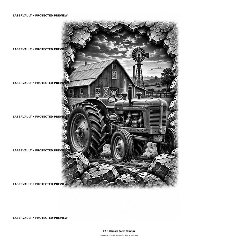 Pu&ograve; includere: Un'illustrazione grafica in bianco e nero di un classico trattore agricolo parcheggiato davanti a un fienile e un mulino a vento. La scena &egrave; incorniciata da un bordo strutturato simile alla pietra. Il testo LASERVAULT PROTECTED PREVIEW appare a sinistra.