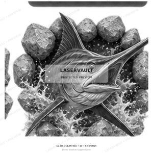 Op de afbeelding: Een grijstinten grafische illustratie van een zwaardvis die uit het water komt, omringd door grillige rotsen. De afbeelding bevat de tekst LASERVAULT PROTECTED PREVIEW in het midden en LV-3D-OCEAN-002 13 Swordfish onderaan het ontwerp.