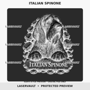 May include: A black and white graphic illustration of an Italian Spinone dog with shaggy fur, positioned behind a stone-like border. The text ITALIAN SPINONE is centered at the bottom. The image features a repeating LASERVAULT watermark overlay.