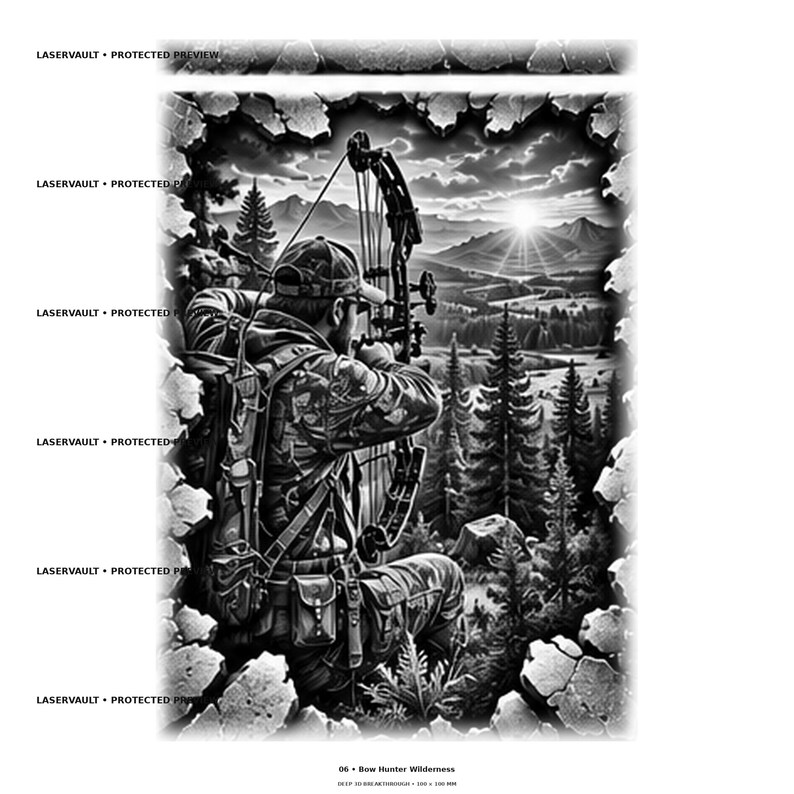以下が含まれることがあります： 06 Bow Hunter Wildernessと題された白黒のグラフィックプリント。日の出の山岳風景を見下ろすコンパウンドボウを持ったハンターが描かれ、ひび割れた石の縁取りとLASERVAULT PROTECTED PREVIEWという繰り返し表示されるテキストで構成されています。