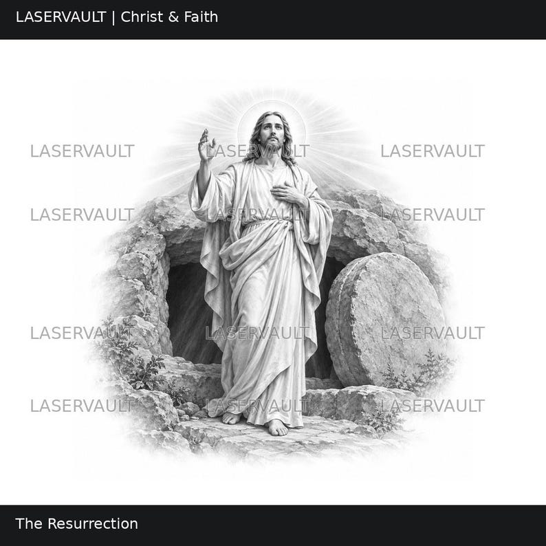 K&ouml;nnte beinhalten: Eine schwarz-wei&szlig;e digitale Illustration mit dem Titel LASERVAULT | Christ & Faith, die eine in Gew&auml;nder geh&uuml;llte Gestalt vor einem offenen Steingrab mit einem gro&szlig;en runden Felsen zeigt. Ein strahlender Heiligenschein leuchtet hinter dem Kopf der Gestalt, und der Text The Resurrection erscheint am unteren Rand.