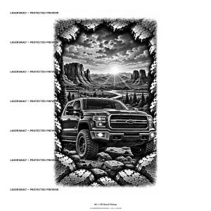 May include: A black and white graphic illustration of a pickup truck driving on rocky terrain. The scene features a desert landscape with mesas and a sunburst in the sky, framed by a textured border. The text LASERVAULT PROTECTED PREVIEW appears.