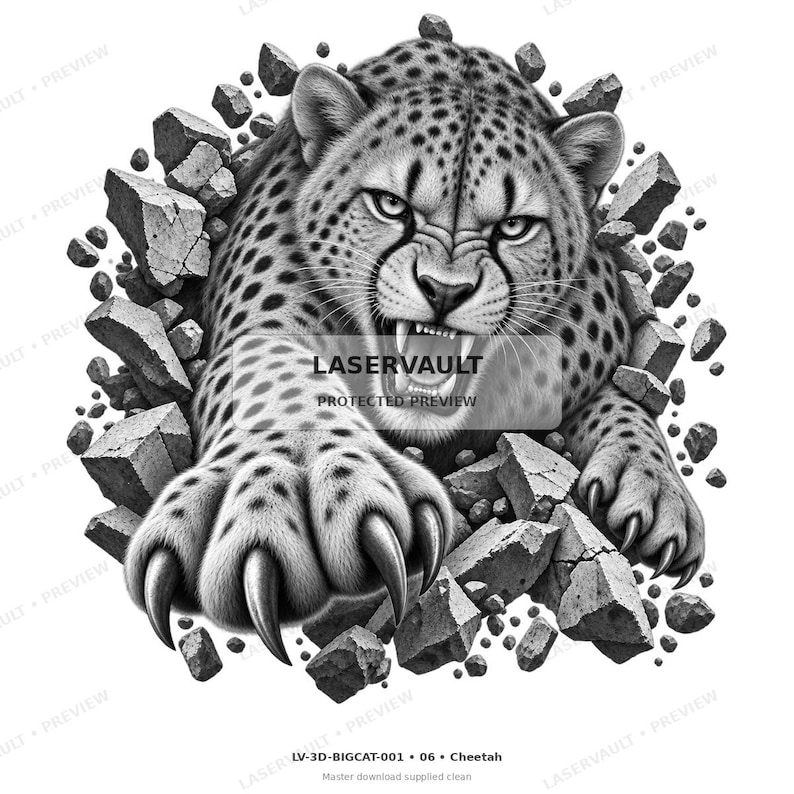 May include: A black and white graphic illustration of a snarling cheetah breaking through a wall of stone fragments. The cheetah has visible spots, sharp claws extended forward, and bared teeth. The text LASERVAULT is centred on the image.
