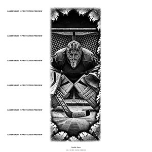 May include: A black and white digital illustration of an ice hockey goalie in a crouched position, wearing a helmet and pads, holding a stick in front of a net. The image features the repeated text LASERVAULT PROTECTED PREVIEW on the left side.