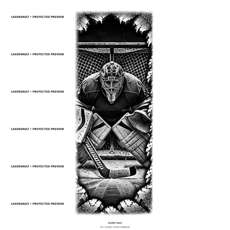 May include: A black and white digital illustration of an ice hockey goalie in a crouched position, wearing a helmet and pads, holding a stick in front of a net. The image features the repeated text LASERVAULT PROTECTED PREVIEW on the left side.
