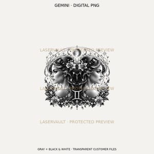 Puede incluir: Un gr&aacute;fico digital en blanco y negro que representa el signo zodiacal G&eacute;minis con dos perfiles femeninos en espejo rodeados de intrincados patrones florales, estrellas y una luna creciente. El texto GEMINI DIGITAL PNG es visible arriba.