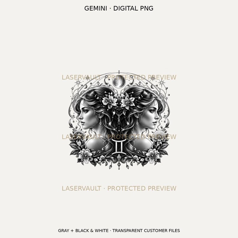 Puede incluir: Un gr&aacute;fico digital en blanco y negro que representa el signo zodiacal G&eacute;minis con dos perfiles femeninos en espejo rodeados de intrincados patrones florales, estrellas y una luna creciente. El texto GEMINI DIGITAL PNG es visible arriba.
