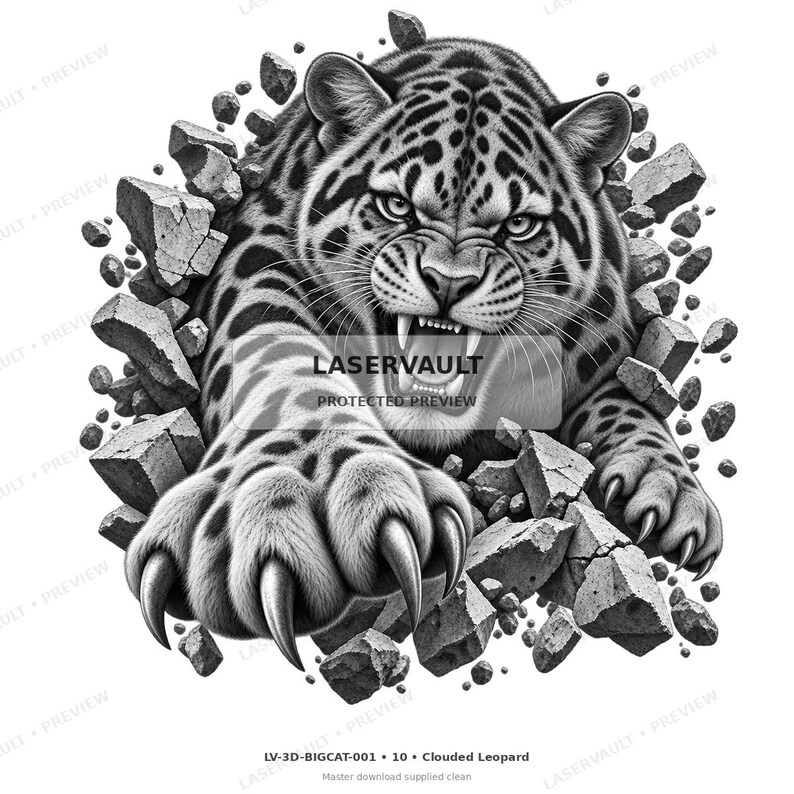 May include: A black and white graphic illustration of a snarling clouded leopard breaking through a wall of stone fragments. The leopard has sharp claws extended forward, and the text LASERVAULT is visible in the centre of the image.