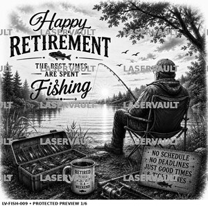 Puede incluir: Un dise&ntilde;o gr&aacute;fico en blanco y negro que muestra a una persona pescando junto a un lago. El texto dice: Happy RETIREMENT THE BEST TIMES ARE SPENT Fishing, y NO SCHEDULE NO DEADLINES JUST GOOD TIMES & TILL LINES. Incluye una caja de pesca y una taza.