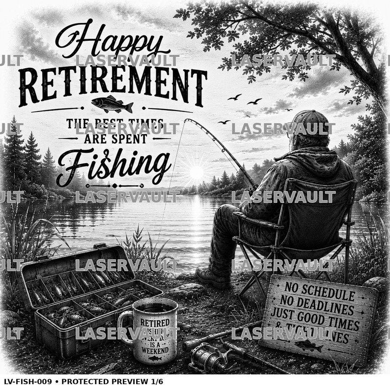 Puede incluir: Un dise&ntilde;o gr&aacute;fico en blanco y negro que muestra a una persona pescando junto a un lago. El texto dice: Happy RETIREMENT THE BEST TIMES ARE SPENT Fishing, y NO SCHEDULE NO DEADLINES JUST GOOD TIMES & TILL LINES. Incluye una caja de pesca y una taza.