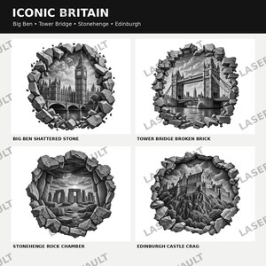 May include: A collection of four black and white digital illustrations titled ICONIC BRITAIN, featuring Big Ben, Tower Bridge, Stonehenge, and Edinburgh Castle. Each landmark is framed by a circular, shattered stone or broken brick border effect.