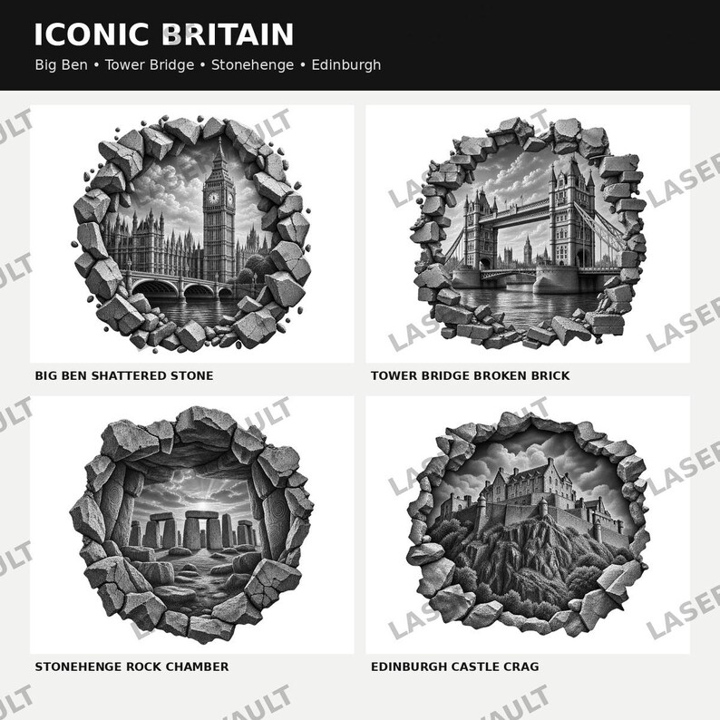 May include: A collection of four black and white digital illustrations titled ICONIC BRITAIN, featuring Big Ben, Tower Bridge, Stonehenge, and Edinburgh Castle. Each landmark is framed by a circular, shattered stone or broken brick border effect.