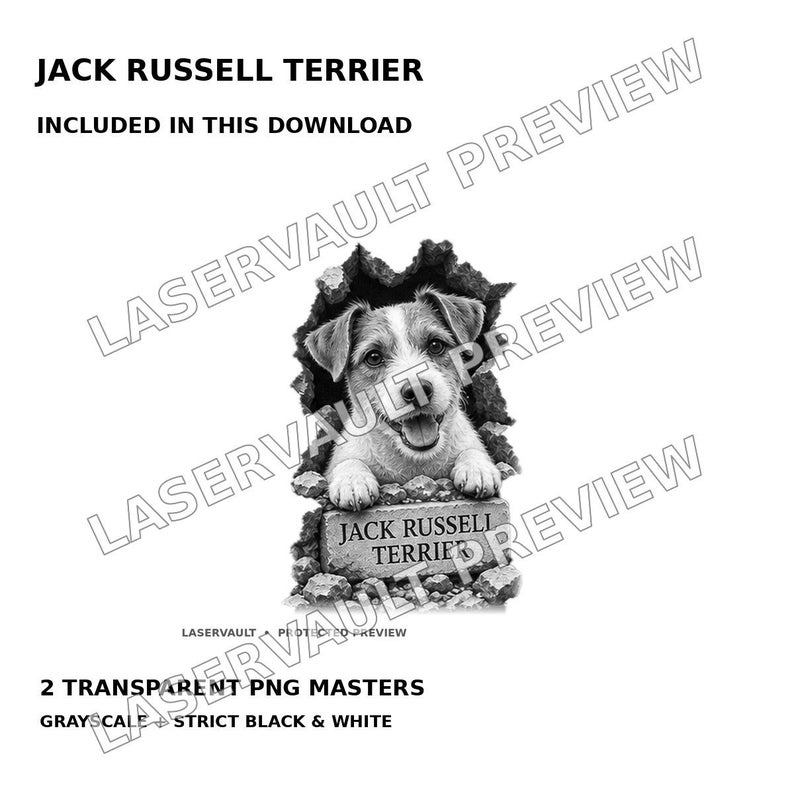 Puede incluir: Un gr&aacute;fico digital en blanco y negro que muestra a un Jack Russell Terrier asom&aacute;ndose por un agujero en un muro de piedra. El perro apoya sus patas sobre un bloque de piedra con la etiqueta JACK RUSSELL TERRIER. El texto incluye JACK RUSSELL TERRIER, INCLUDED IN THIS DOWNLOAD, 2 TRANSPARENT PNG MASTERS y GRAYSCALE + STRICT BLACK & WHITE.