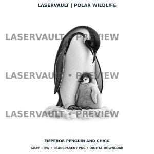 Op de afbeelding: Een zwart-witte digitale illustratie van een volwassen keizerspingu&iuml;n die boven een klein kuiken op sneeuw staat. De tekst LASERVAULT | POLAR WILDLIFE en EMPEROR PENGUIN AND CHICK is zichtbaar, samen met het watermerk LASERVAULT PREVIEW.