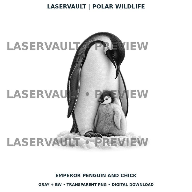 Op de afbeelding: Een zwart-witte digitale illustratie van een volwassen keizerspingu&iuml;n die boven een klein kuiken op sneeuw staat. De tekst LASERVAULT | POLAR WILDLIFE en EMPEROR PENGUIN AND CHICK is zichtbaar, samen met het watermerk LASERVAULT PREVIEW.
