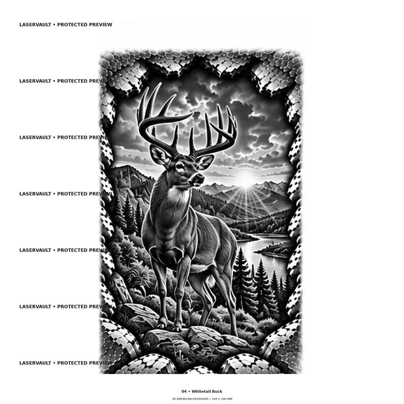 May include: A black and white graphic illustration of a whitetail buck standing on rocky terrain. The scene features a mountain landscape, a lake, and a sunrise in the background, all framed by a textured border with the text LASERVAULT PROTECTED PREVIEW.