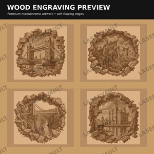 May include: A wood engraving preview featuring four monochrome illustrations of landmarks including Tower Bridge, a castle, a suspension bridge, and a waterfront building, each framed by a jagged, broken stone wall effect on a tan background.