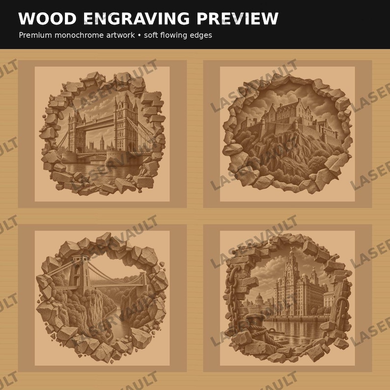 May include: A wood engraving preview featuring four monochrome illustrations of landmarks including Tower Bridge, a castle, a suspension bridge, and a waterfront building, each framed by a jagged, broken stone wall effect on a tan background.