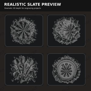 Puede incluir: Una pantalla digital titulada REALISTIC SLATE PREVIEW con el subt&iacute;tulo Dramatic 3D depth for engraving projects. Muestra cuatro ilustraciones en escala de grises de dianas con dardos incrustados en texturas de piedra sobre un fondo oscuro.