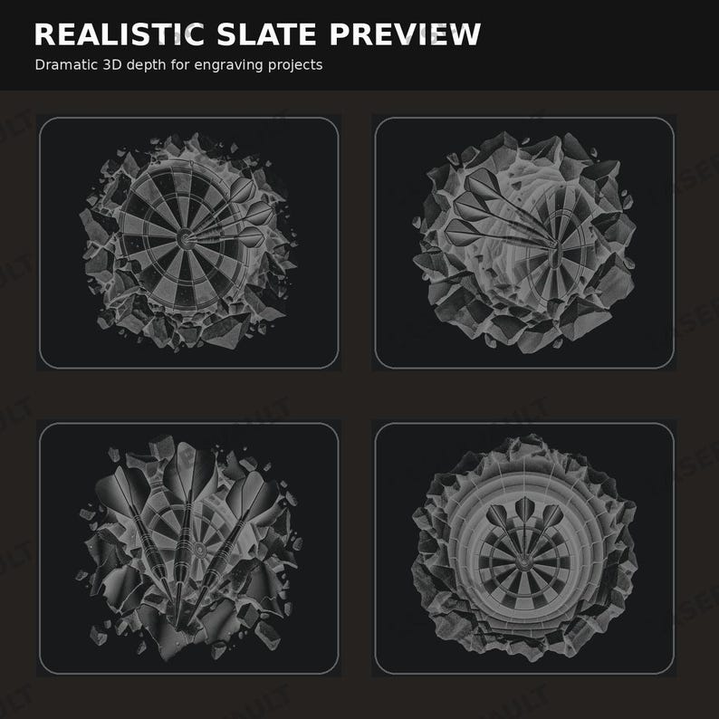 Puede incluir: Una pantalla digital titulada REALISTIC SLATE PREVIEW con el subt&iacute;tulo Dramatic 3D depth for engraving projects. Muestra cuatro ilustraciones en escala de grises de dianas con dardos incrustados en texturas de piedra sobre un fondo oscuro.