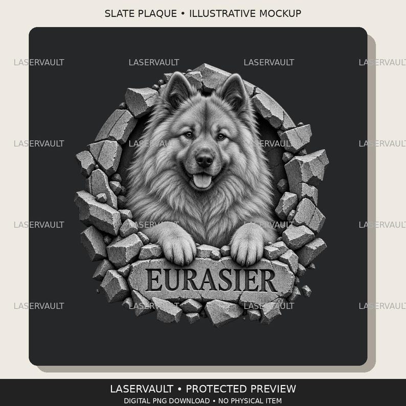 May include: A black and white slate plaque design featuring a fluffy Eurasier dog emerging from a circular hole in a stone wall. The dog has its front paws resting on a stone ledge with the word EURASIER engraved in capital letters.