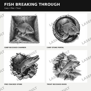Może przedstawiać: Kolekcja czterech czarno-białych ilustracji zatytułowana FISH BREAKING THROUGH, przedstawiająca karpia w zagłębionej komorze, karpia w kamiennym portalu, szczupaka w pękniętym kamieniu oraz pstrąga w zagłębionej rzece, ukazująca szczeg&oacute;łowe ryby.