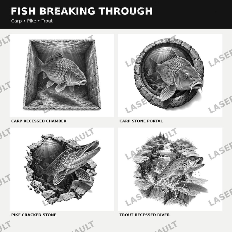 Może przedstawiać: Kolekcja czterech czarno-białych ilustracji zatytułowana FISH BREAKING THROUGH, przedstawiająca karpia w zagłębionej komorze, karpia w kamiennym portalu, szczupaka w pękniętym kamieniu oraz pstrąga w zagłębionej rzece, ukazująca szczeg&oacute;łowe ryby.