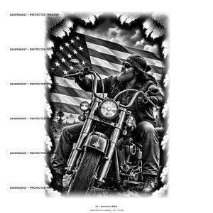 May include: A black and white graphic illustration featuring a bearded individual wearing sunglasses and a bandana, riding a motorcycle in front of a large American flag. The image includes the repeated text LASERVAULT PROTECTED PREVIEW.