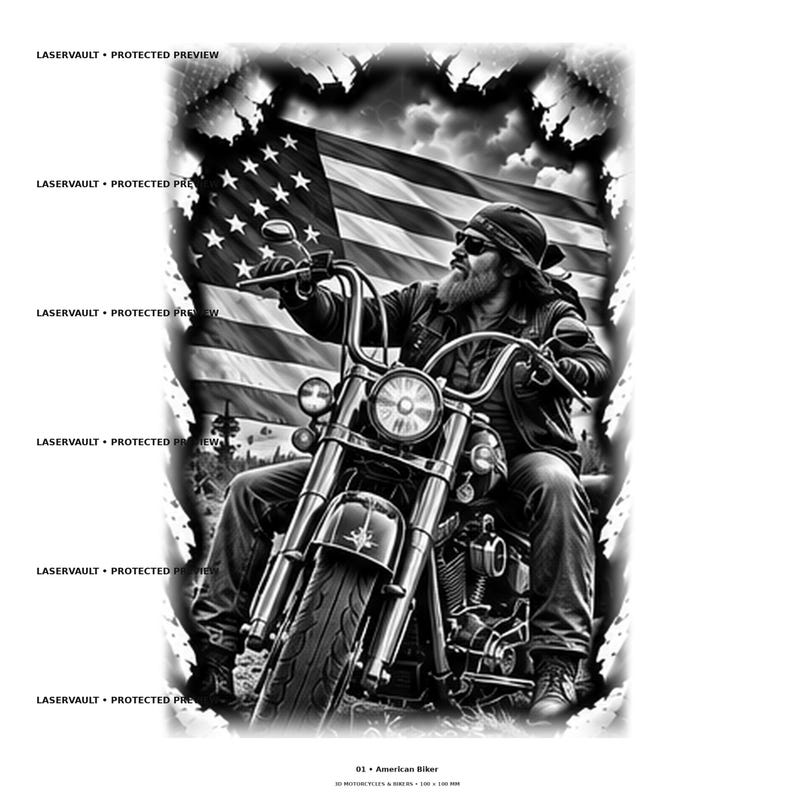 May include: A black and white graphic illustration featuring a bearded individual wearing sunglasses and a bandana, riding a motorcycle in front of a large American flag. The image includes the repeated text LASERVAULT PROTECTED PREVIEW.