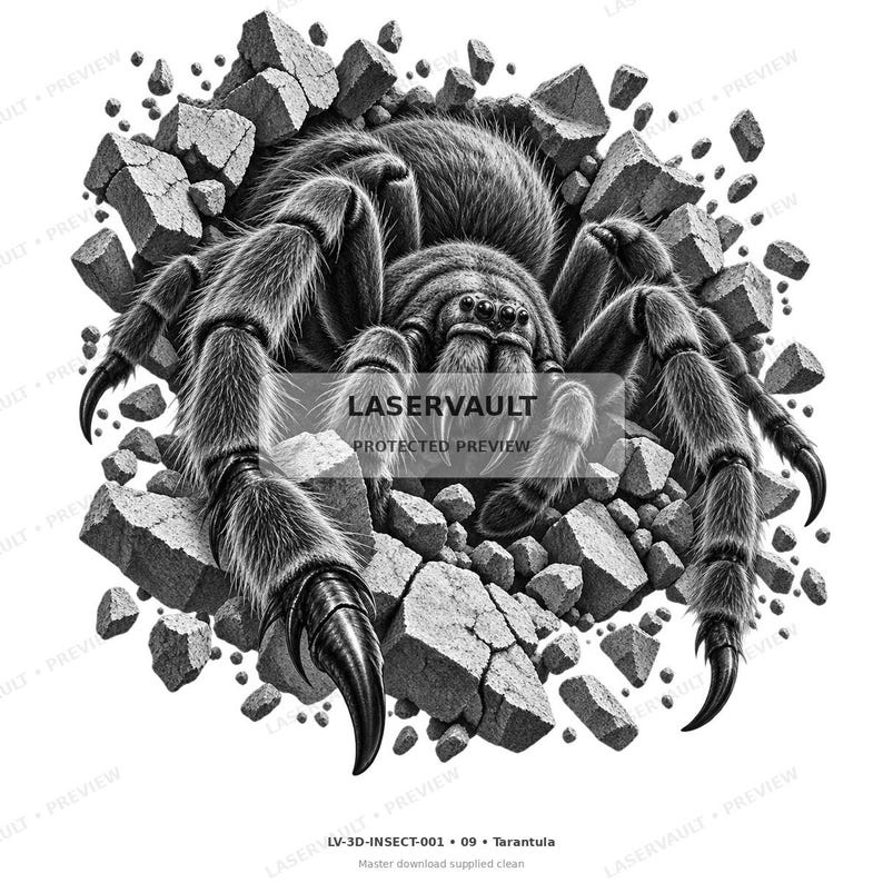 May include: A black and white digital illustration of a tarantula emerging from a shattered stone surface. The spider has eight hairy legs with sharp, curved claws. The surrounding debris consists of jagged, broken rock fragments.