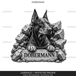 Puede incluir: Una ilustración gráfica en blanco y negro de un perro Doberman emergiendo de un montón de escombros de piedra. El perro apoya sus patas delanteras sobre una losa de piedra central que presenta el texto DOBERMANN en una fuente serif.
