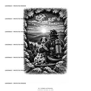 May include: A black and white graphic illustration featuring a firefighter in full gear with an oxygen tank, sitting beside a Dalmatian dog. They are framed by a textured, rocky border, looking out at a landscape with a sunlit sky and clouds.