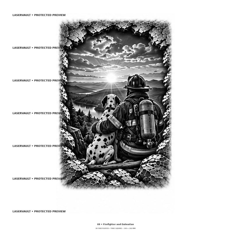 May include: A black and white graphic illustration featuring a firefighter in full gear with an oxygen tank, sitting beside a Dalmatian dog. They are framed by a textured, rocky border, looking out at a landscape with a sunlit sky and clouds.