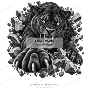 May include: A black and white graphic illustration of a snarling black panther breaking through a wall of stone debris. The panther has bared teeth and extended claws. The text LASERVAULT PROTECTED PREVIEW is centred over the panther's chest.