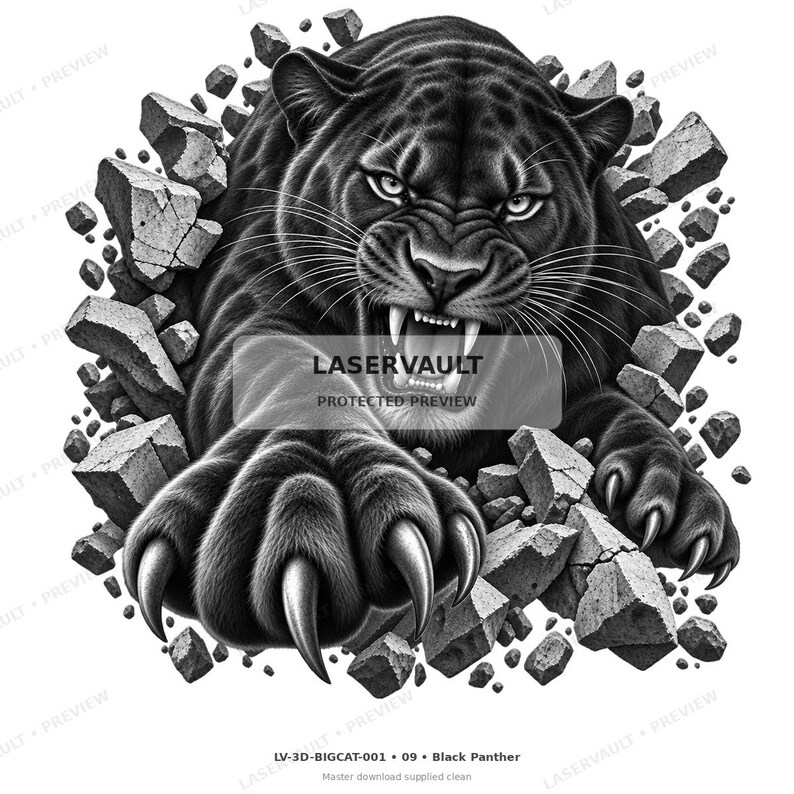 May include: A black and white graphic illustration of a snarling black panther breaking through a wall of stone debris. The panther has bared teeth and extended claws. The text LASERVAULT PROTECTED PREVIEW is centred over the panther's chest.