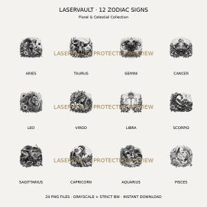 Puede incluir: Una colecci&oacute;n digital titulada LASERVAULT 12 ZODIAC SIGNS Floral & Celestial Collection que presenta doce ilustraciones circulares en blanco y negro de los signos del zodiaco, incluyendo Aries, Tauro, G&eacute;minis, C&aacute;ncer, Leo, Virgo, Libra, Escorpio, Sagitario, Capricornio, Acuario y Piscis.