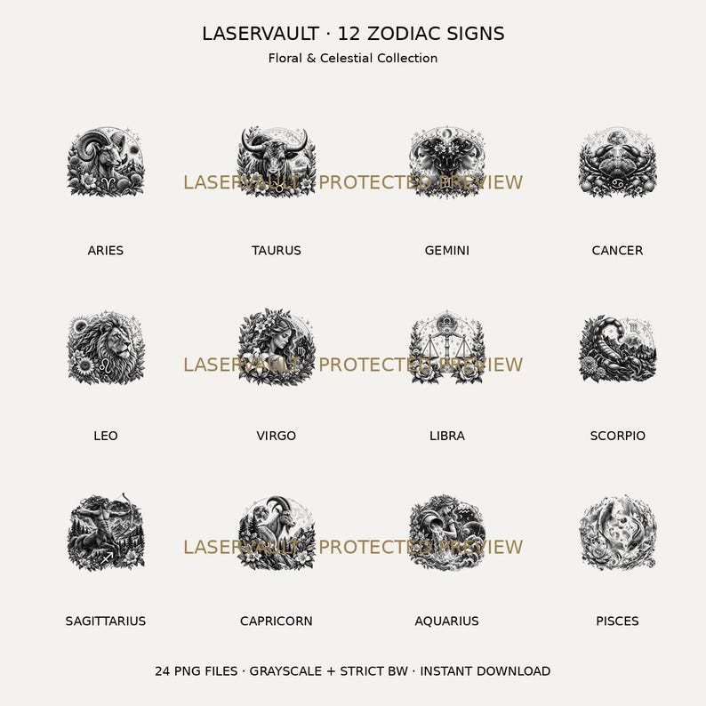 Puede incluir: Una colecci&oacute;n digital titulada LASERVAULT 12 ZODIAC SIGNS Floral & Celestial Collection que presenta doce ilustraciones circulares en blanco y negro de los signos del zodiaco, incluyendo Aries, Tauro, G&eacute;minis, C&aacute;ncer, Leo, Virgo, Libra, Escorpio, Sagitario, Capricornio, Acuario y Piscis.