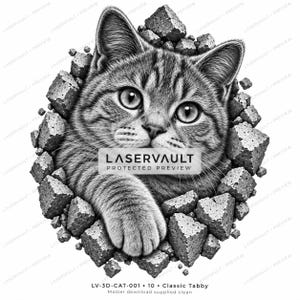 Puede incluir: Una ilustraci&oacute;n en blanco y negro de un gato atigrado mirando a trav&eacute;s de un agujero circular en una pared de piedra. El gato tiene ojos grandes y una pata extendida hacia adelante. El texto LASERVAULT PROTECTED PREVIEW est&aacute; centrado sobre el gato, con LV-3D-CAT-001 en la parte inferior.