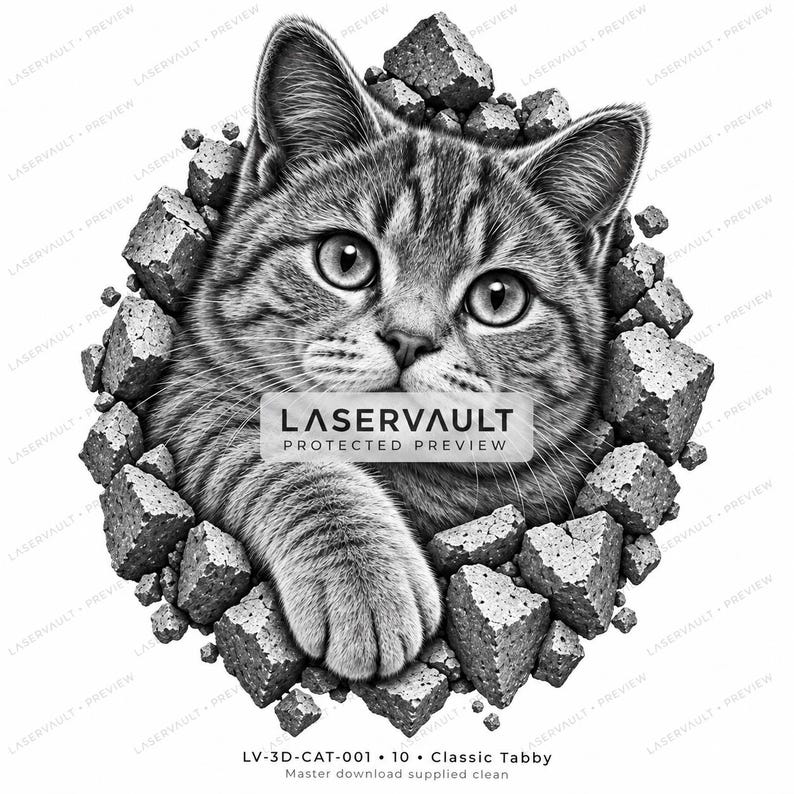Puede incluir: Una ilustraci&oacute;n en blanco y negro de un gato atigrado mirando a trav&eacute;s de un agujero circular en una pared de piedra. El gato tiene ojos grandes y una pata extendida hacia adelante. El texto LASERVAULT PROTECTED PREVIEW est&aacute; centrado sobre el gato, con LV-3D-CAT-001 en la parte inferior.