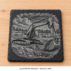 May include: A square black slate coaster featuring a detailed laser-engraved illustration of a construction excavator digging in a dirt field with clouds in the background. The text "ILLUSTRATIVE MOCKUP &bull; RESULTS VARY" is printed at the bottom.
