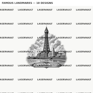 May include: A black and white graphic design featuring the Blackpool Tower and a Ferris wheel on a beach. The text FAMOUS LANDMARKS — 10 DESIGNS appears at the top, and the text BLACKPOOL TOWER is centred at the bottom. The word LASERVAULT repeats.