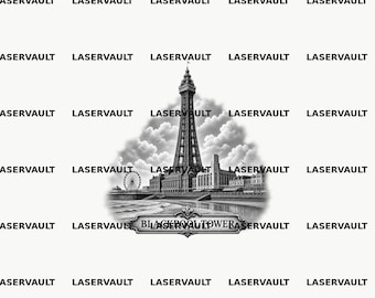 May include: A black and white graphic design featuring the Blackpool Tower and a Ferris wheel on a beach. The text FAMOUS LANDMARKS — 10 DESIGNS appears at the top, and the text BLACKPOOL TOWER is centered at the bottom. The word LASERVAULT repeats.